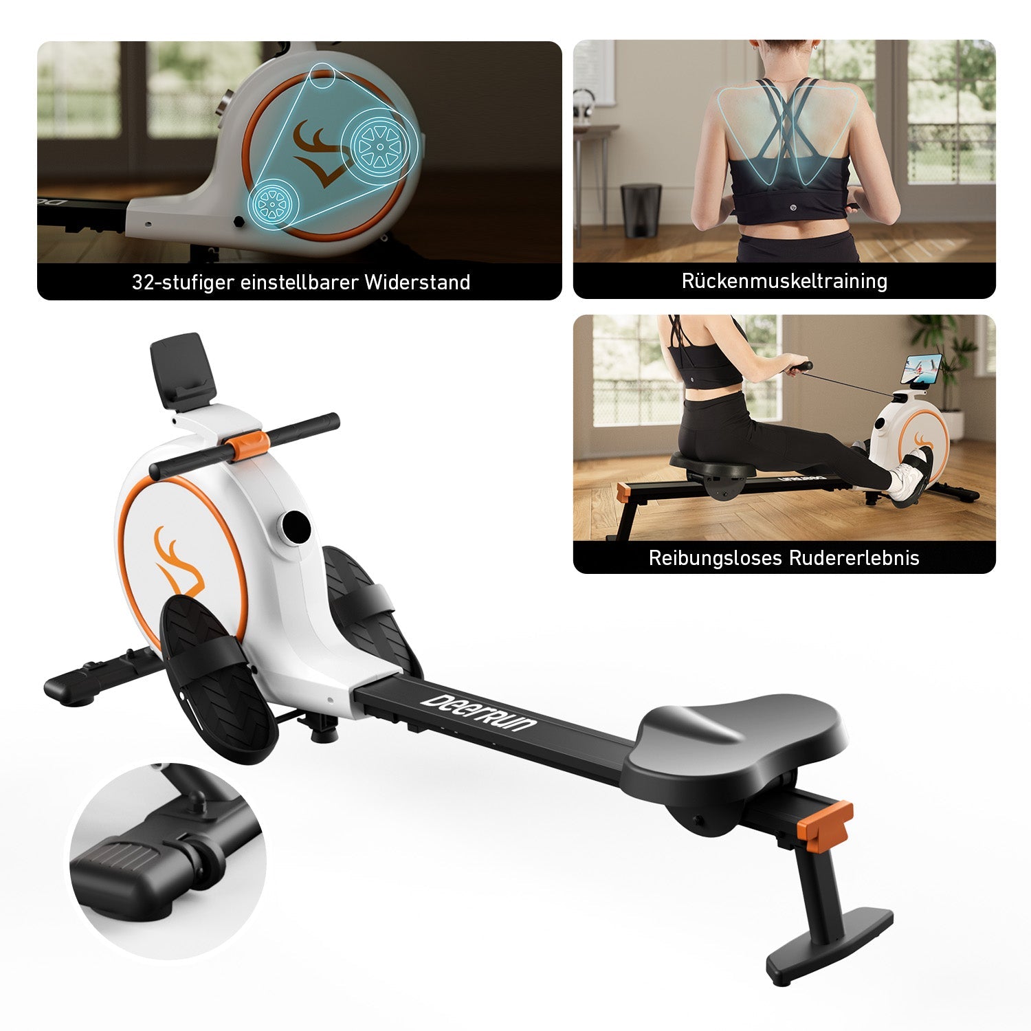 DeerRun RW600 Rameur intelligent avec résistance magnétique réglable à 32 niveaux et long rail coulissant et application PitPat