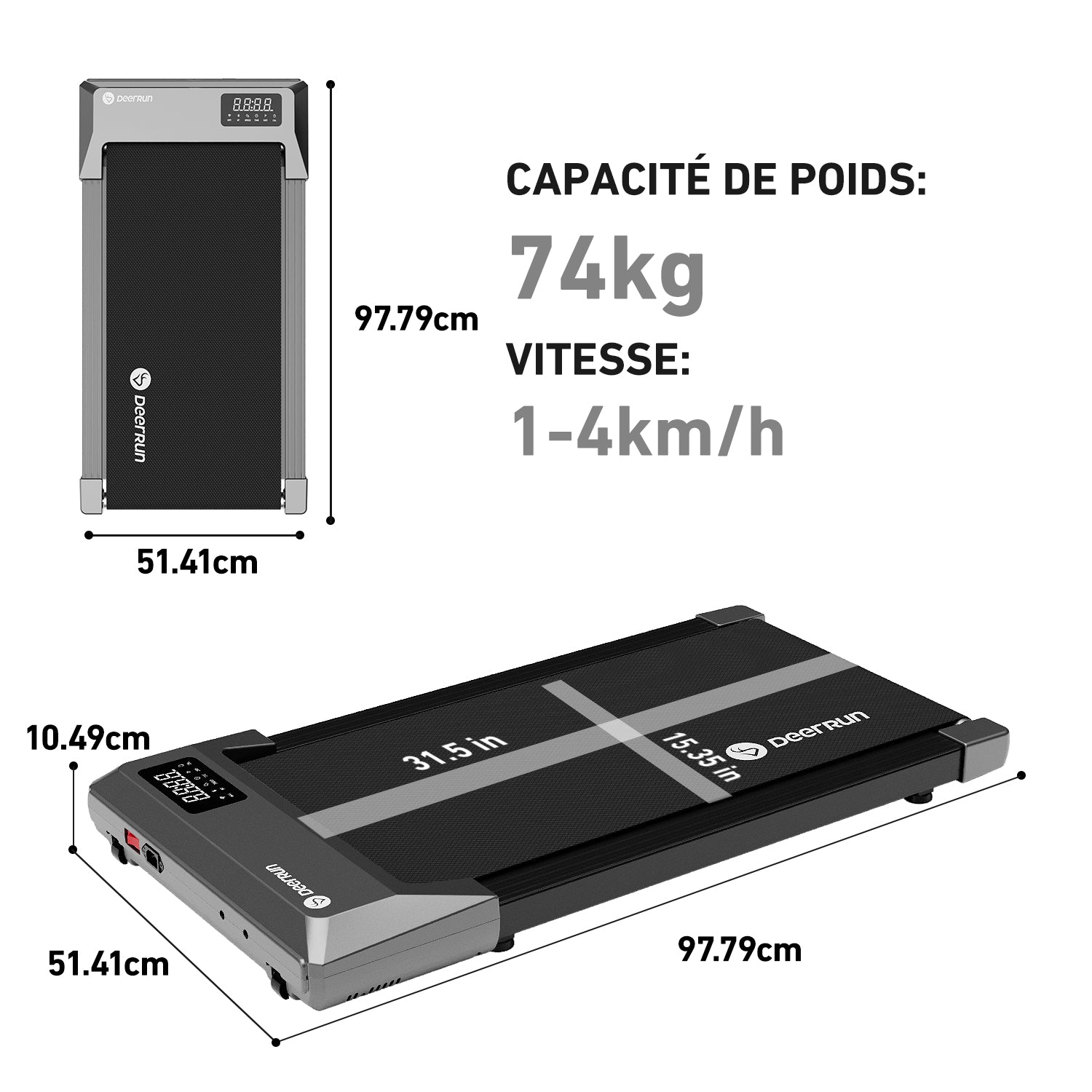 DeerRun Q1 Mini Tapis de course-Compact et sûr, approuvé pour les adolescents 74 kg, 4 km/h