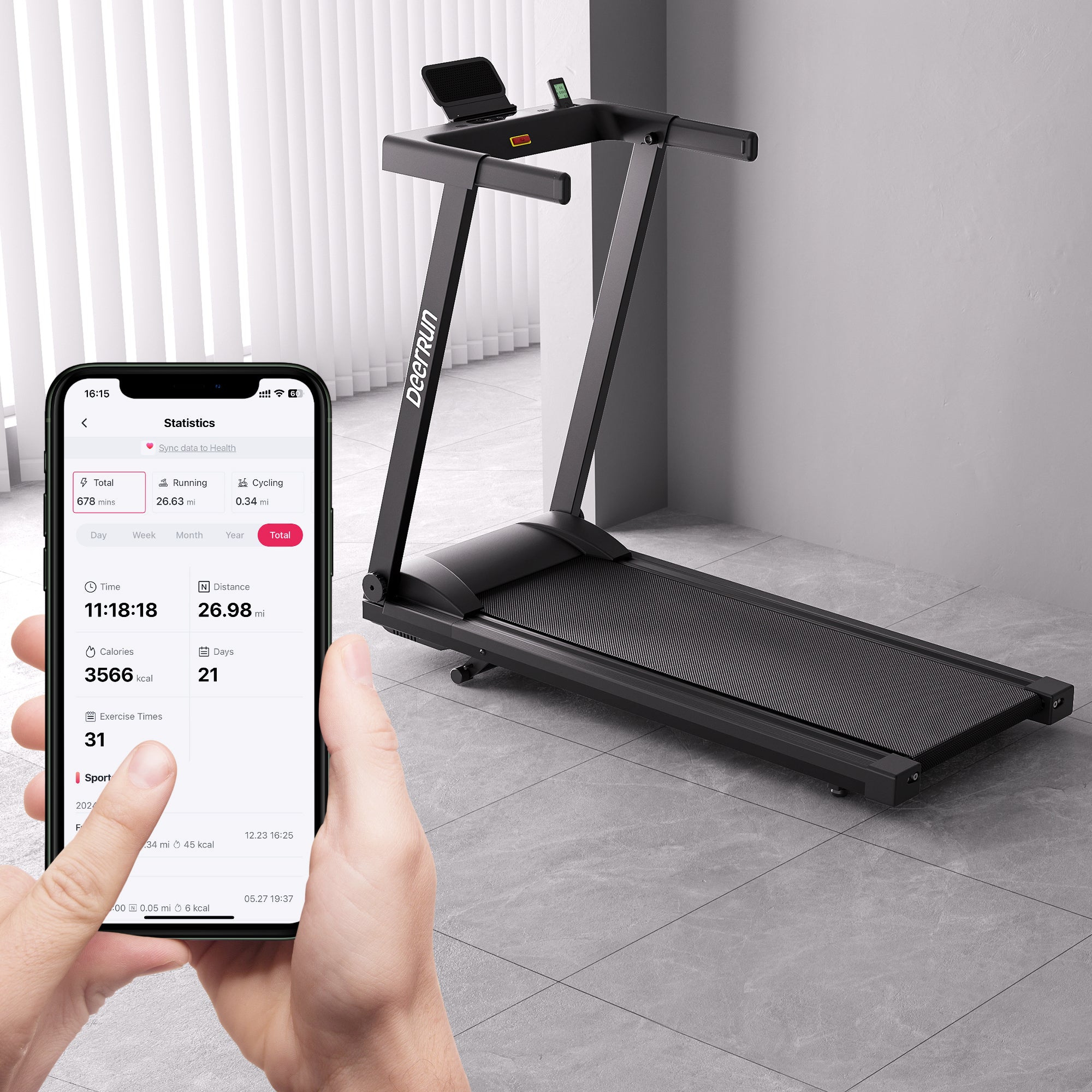 DeerRun A1 Urban-Tapis de course pliable intelligent avec inclinaison de 6 % et NFC | 158 kg, 16 km/h,Noir