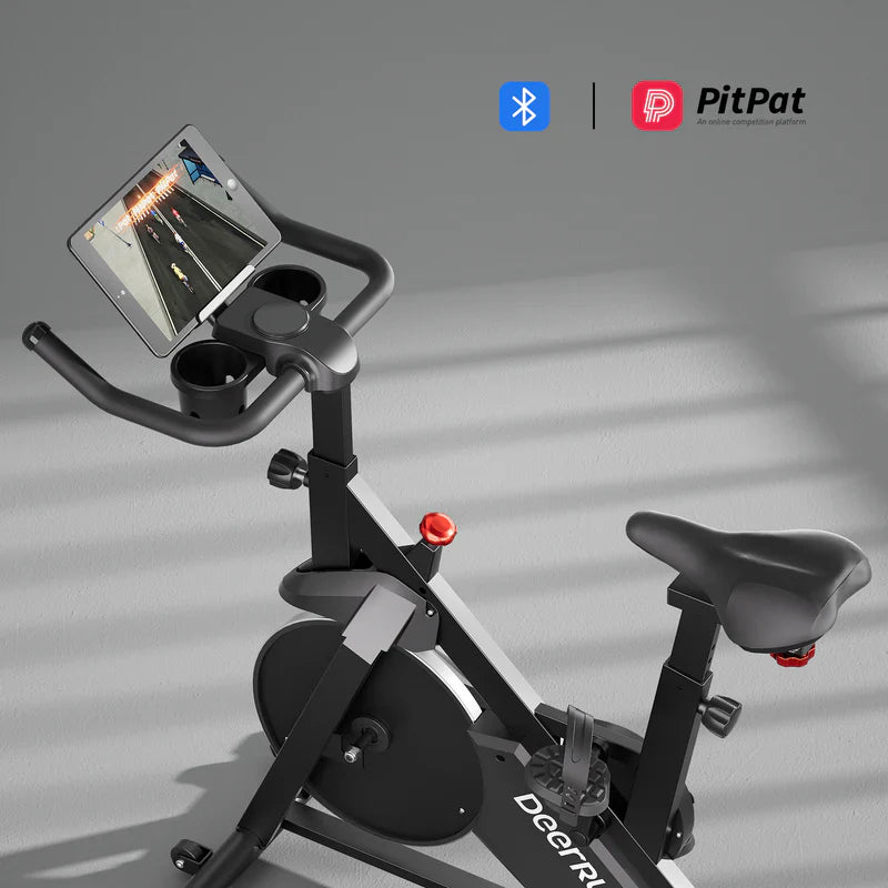 DeerRun S500 Vélo d'intérieur intelligent noir avec résistance magnétique réglable et ceinture silencieuse et application PitPat