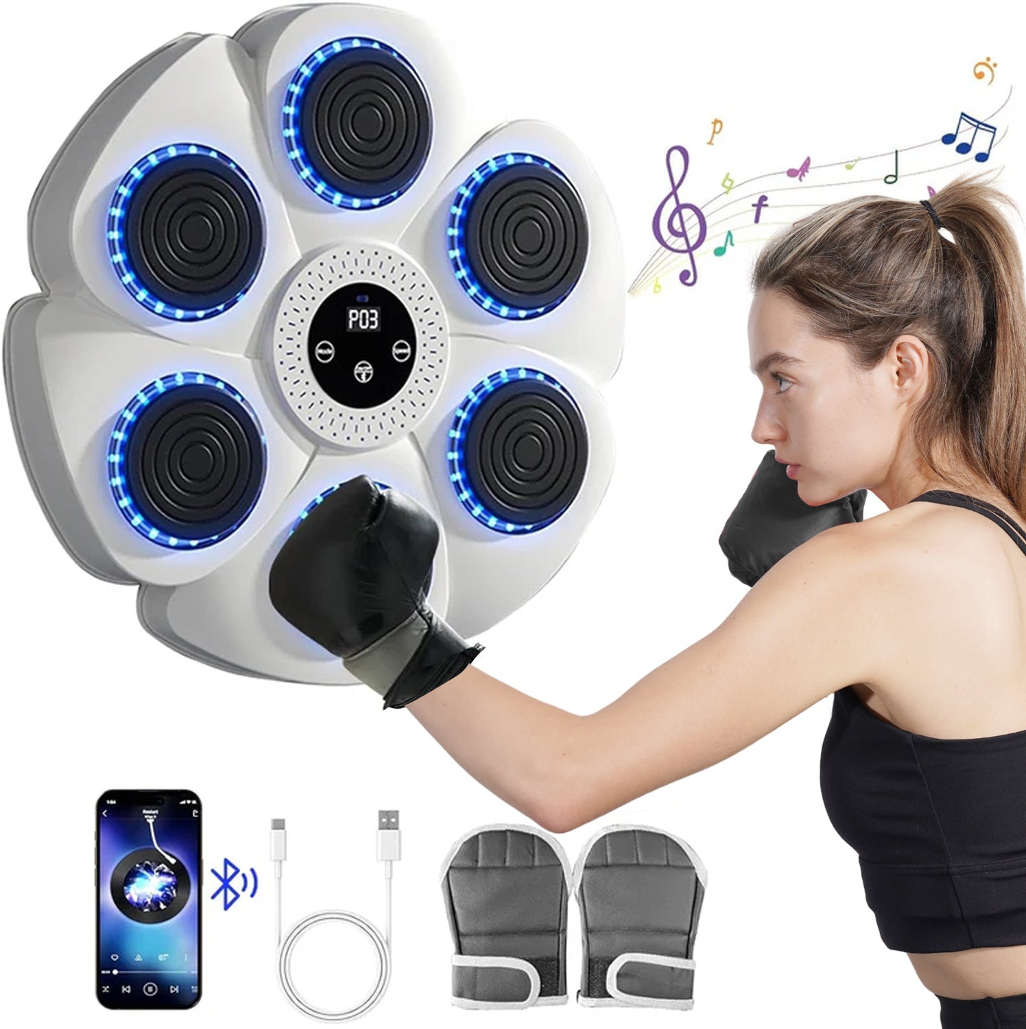 DeerRun Machine de boxe musicale intelligente (gants et câble de charge inclus)