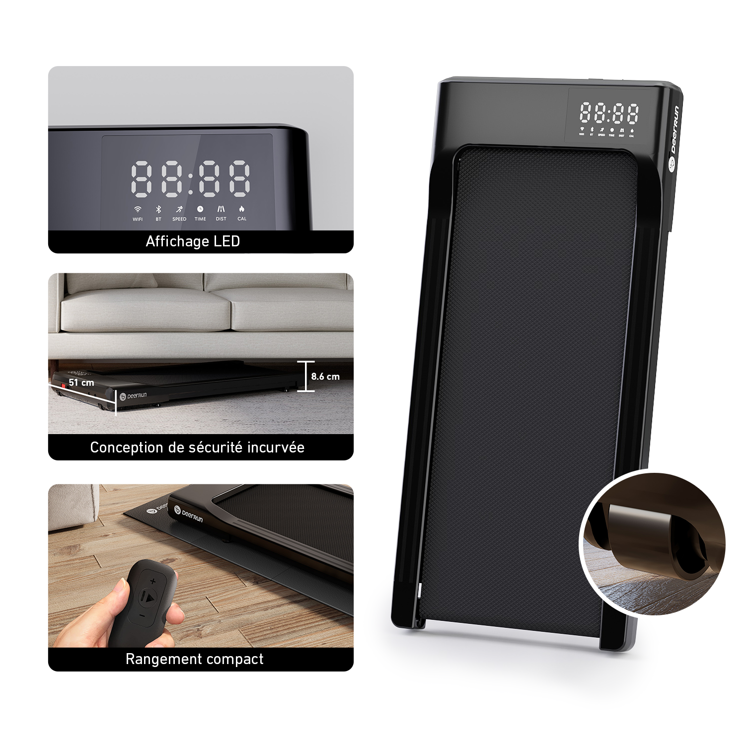 DeerRun Q1 Classic Plus – Tapis de course intelligent avec une plus grande surface de course, une capacité de charge de 158 kg et une télécommande
