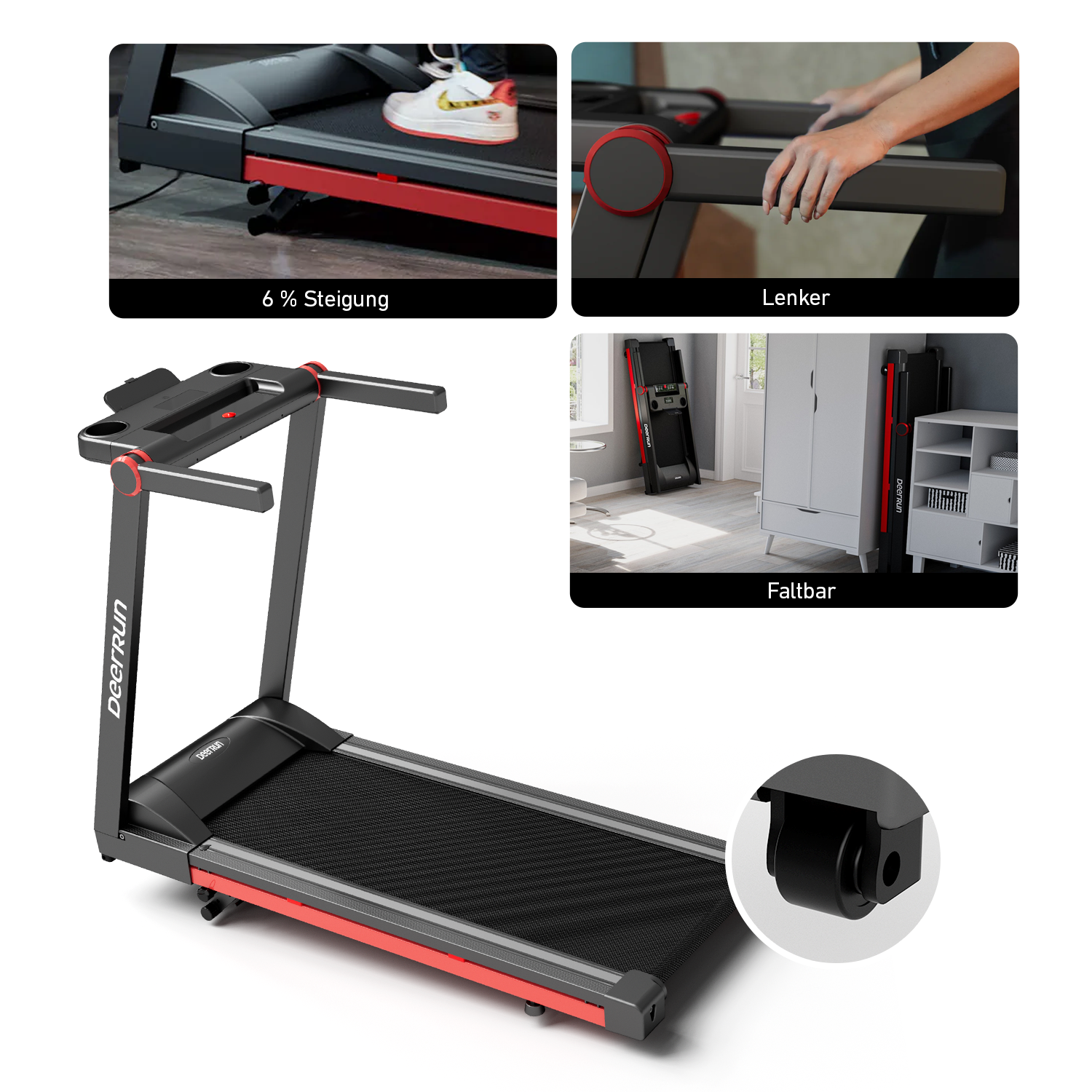 DeerRun A1 Pro Move+ – Tapis de course pliable avec inclinaison de 6 % | Puce de mise à niveau 2025 et prise en charge NFC | Capacité de charge de 158 kg, jusqu'à 16 km/h