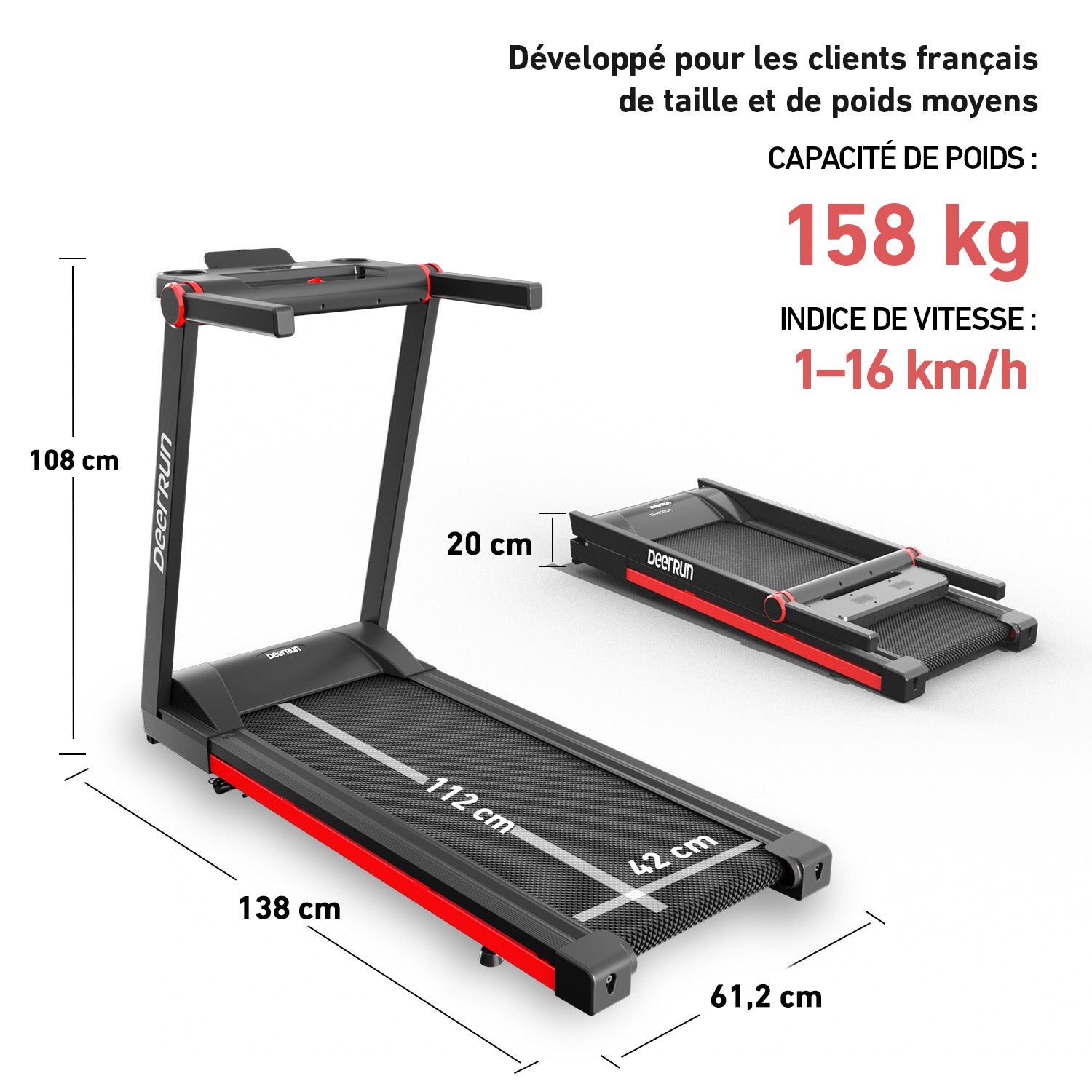 DeerRun A1 Pro Move+ – Tapis de course pliable avec inclinaison de 6 % | Puce de mise à niveau 2025 et prise en charge NFC | Capacité de charge de 158 kg, jusqu'à 16 km/h