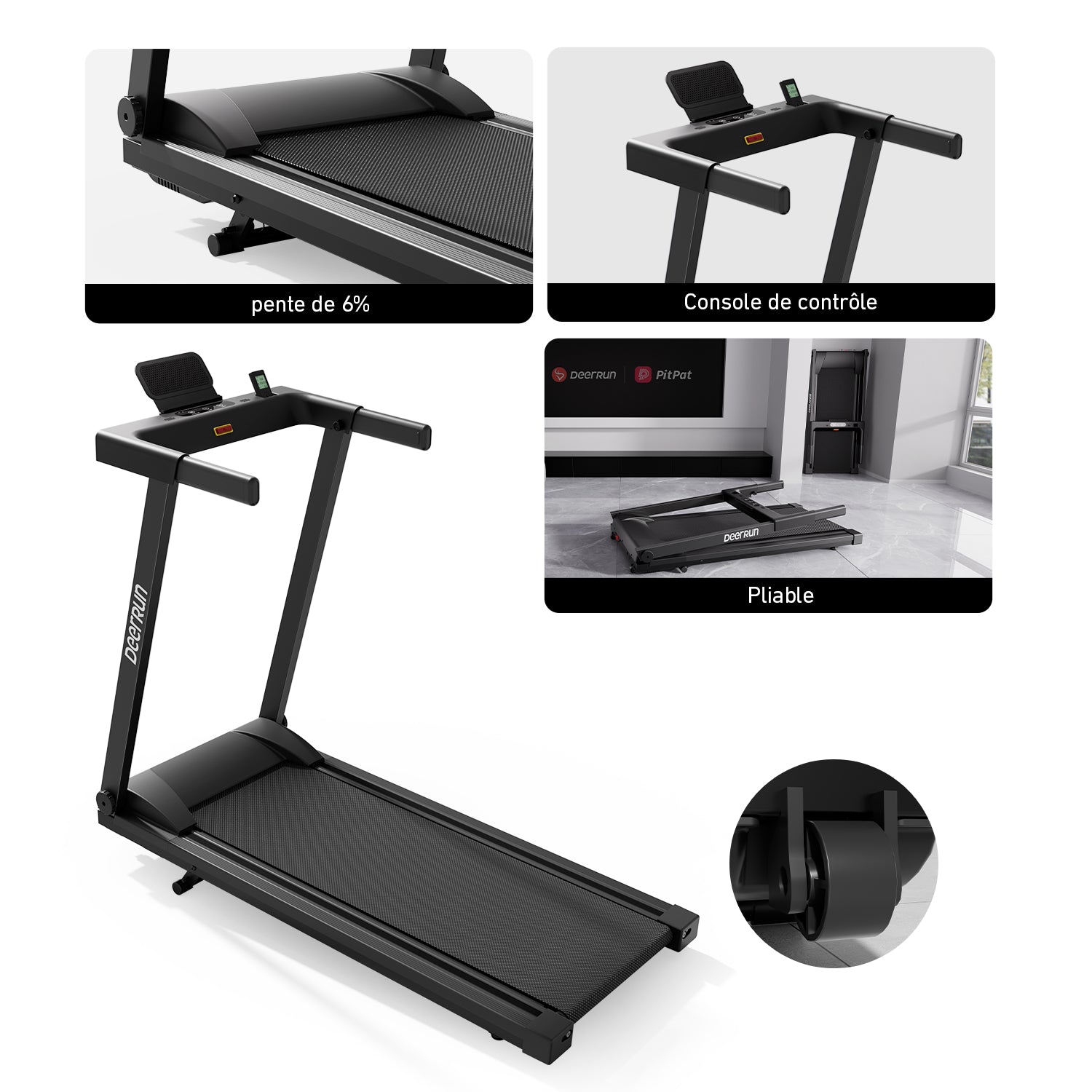 DeerRun A1 Urban-Tapis de course pliable intelligent avec inclinaison de 6 % et NFC | 158 kg, 16 km/h,Noir