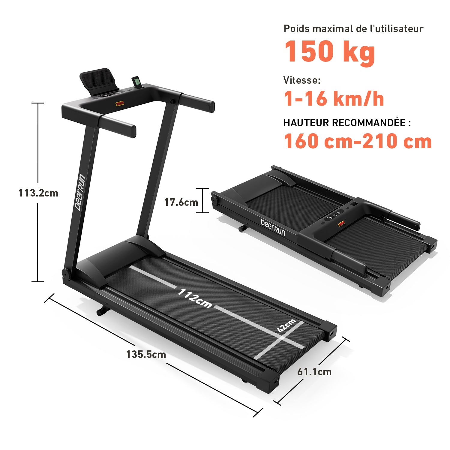 DeerRun A1 Urban-Tapis de course pliable intelligent avec inclinaison de 6 % et NFC | 158 kg, 16 km/h,Noir