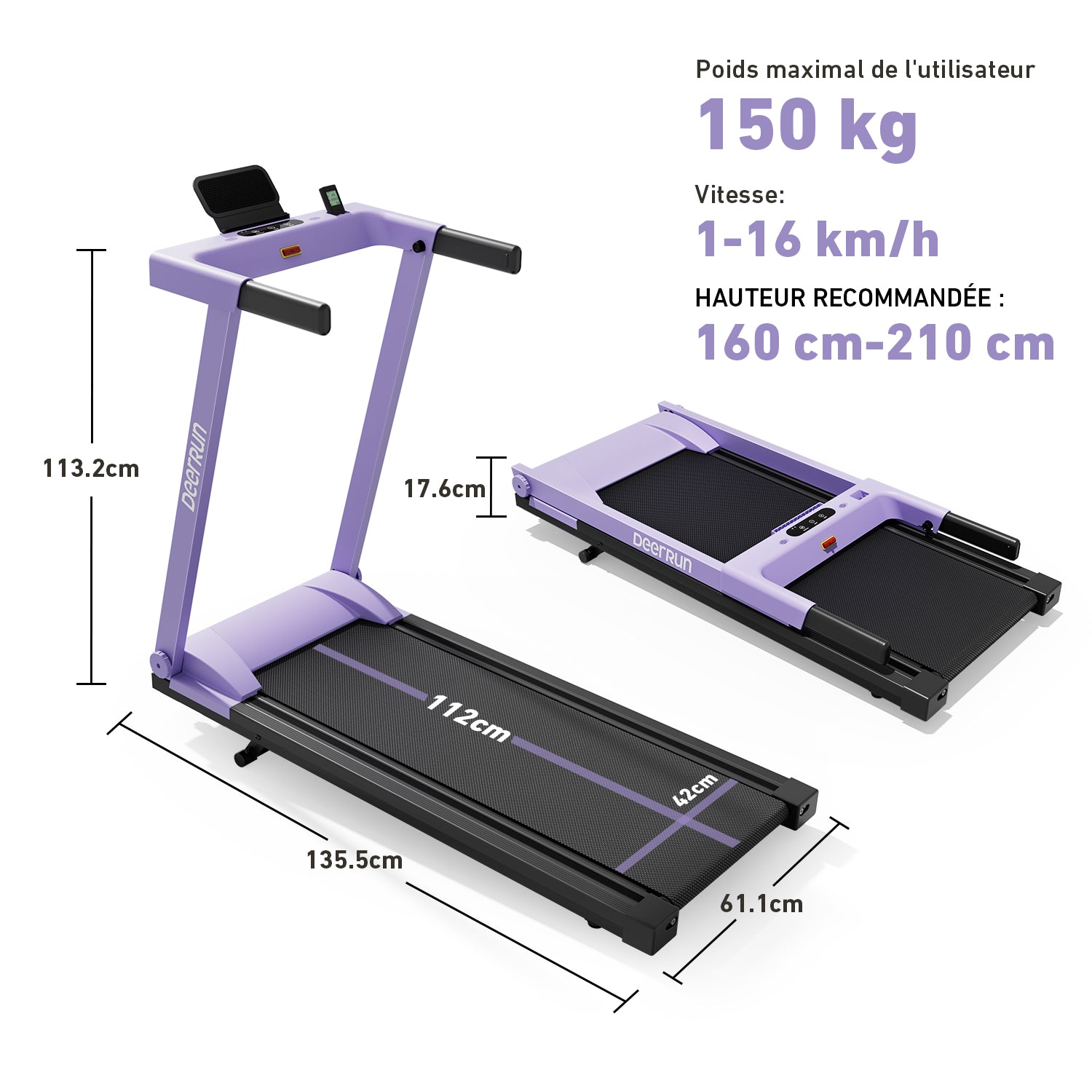 DeerRun A1 Urban-Tapis de course pliable intelligent avec inclinaison de 6 % et NFC | 150 kg, 16 km/h,Violet