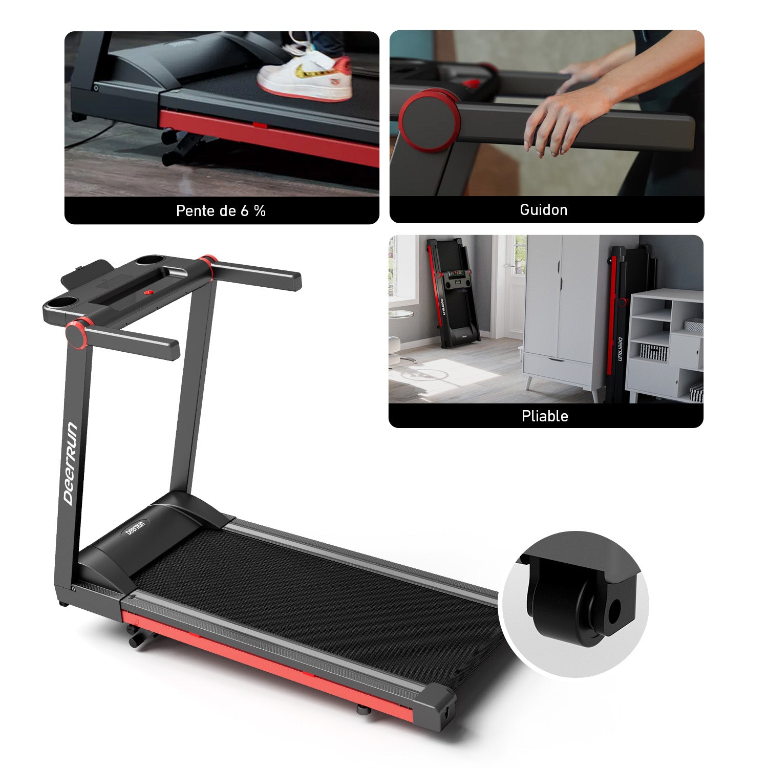 DeerRun A1 Pro Move+ – Tapis de course pliable avec inclinaison de 6 % | Puce de mise à niveau 2025 et prise en charge NFC | Capacité de charge de 158 kg, jusqu'à 16 km/h