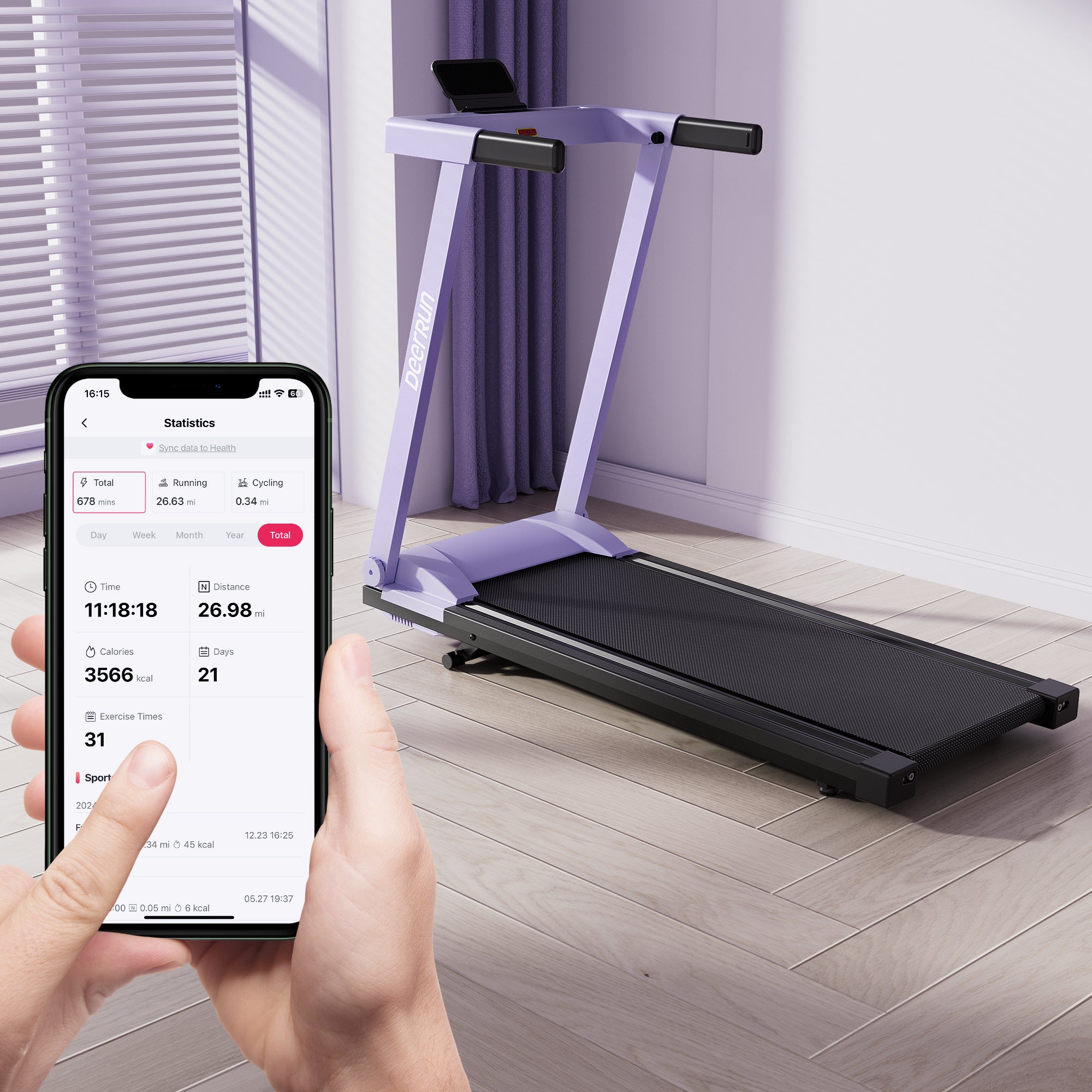 DeerRun A1 Urban-Tapis de course pliable intelligent avec inclinaison de 6 % et NFC | 150 kg, 16 km/h,Violet