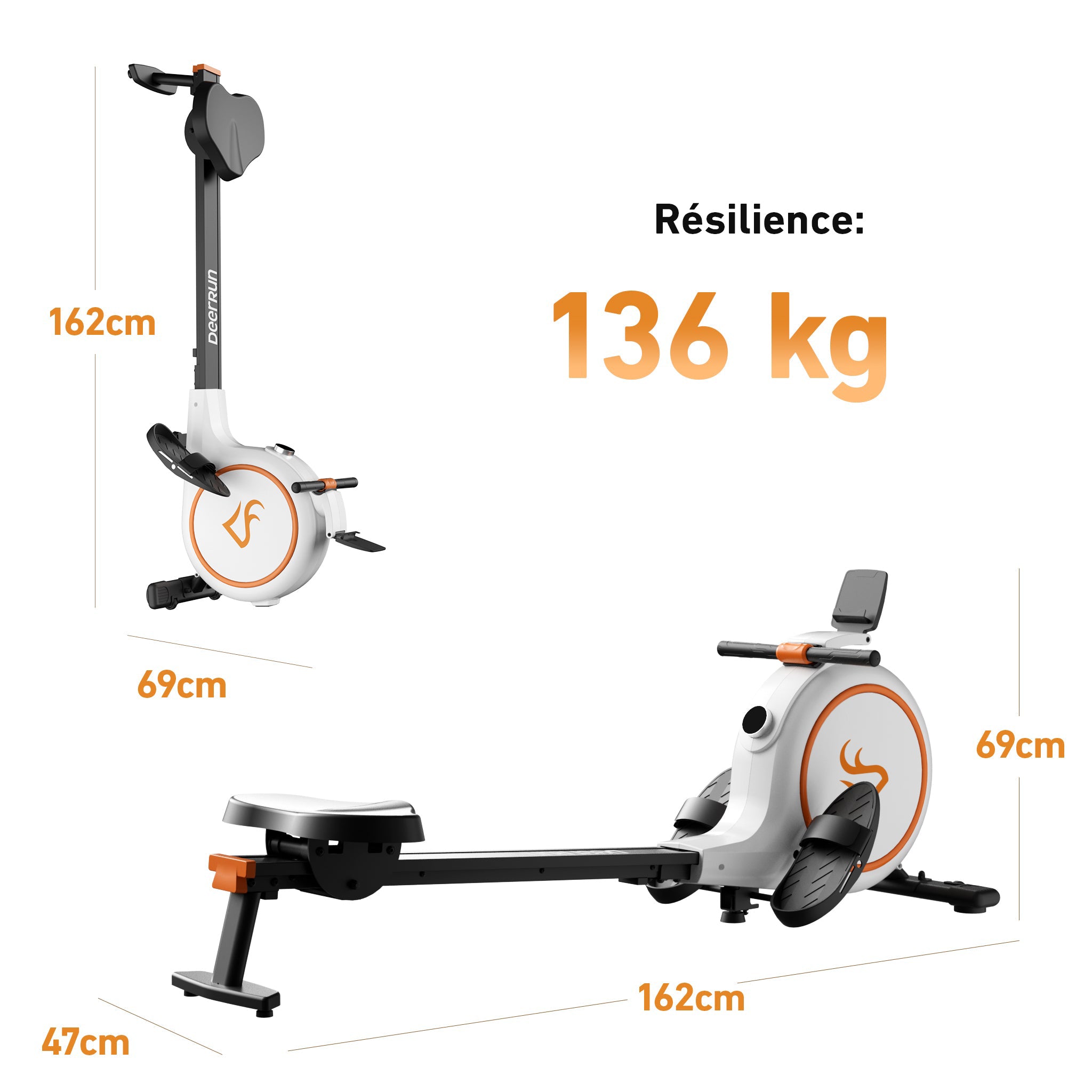 DeerRun RW600 Rameur intelligent avec résistance magnétique réglable à 32 niveaux et long rail coulissant et application PitPat