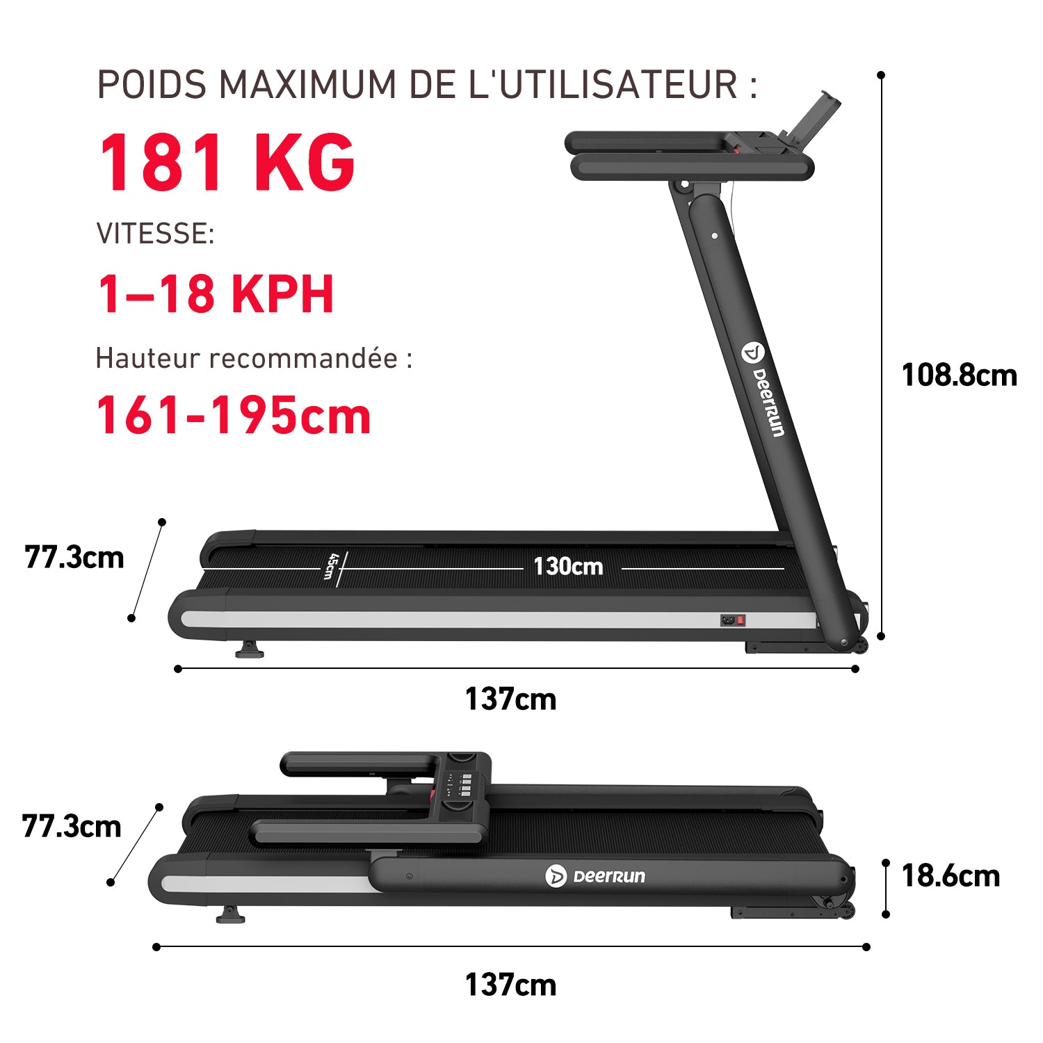 DeerRun X20 Smart Tapis de course professionnel - inclinaison de 15 %, jusqu'à 18 km/h, grande surface de course