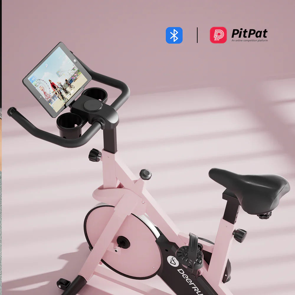 DeerRun S500 Vélo d'intérieur intelligent Rose avec résistance magnétique réglable, ceinture silencieuse et application PitPat