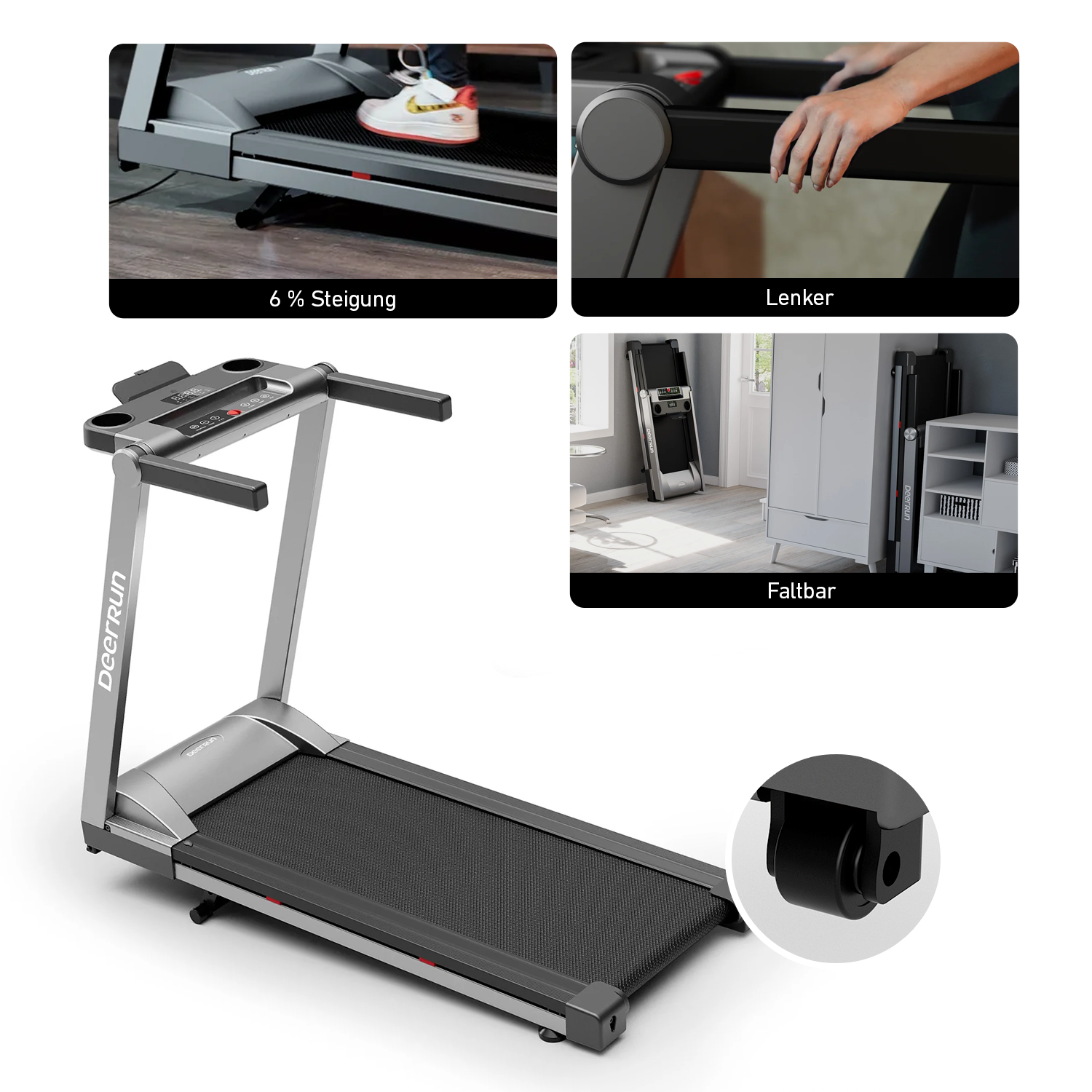 DeerRun A1 Pro Move+ –Tapis de course pliable avec inclinaison de 6 % | Puce de mise à niveau 2025 et prise en charge NFC | Capacité de charge de 158 kg, jusqu'à 16 km/h