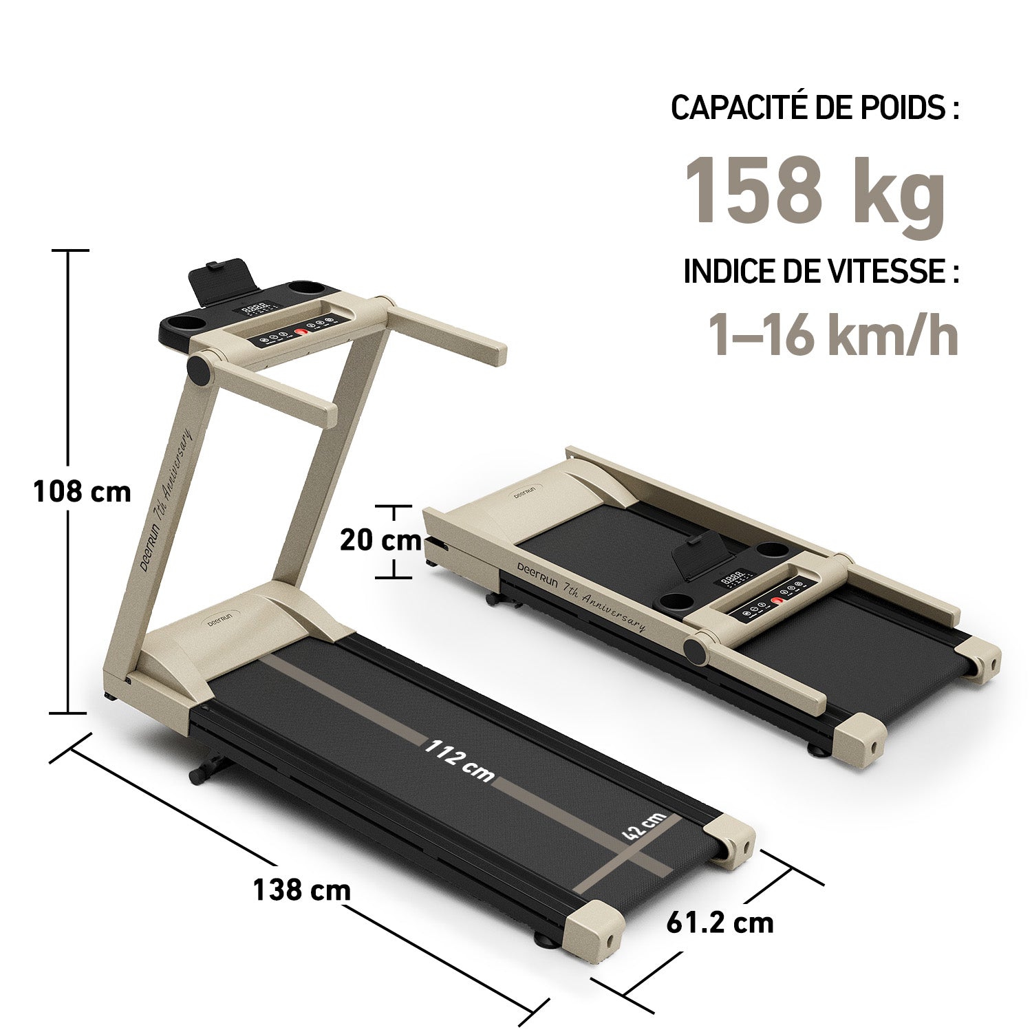 DeerRun A1 Pro Move+ – Tapis de course pliable avec inclinaison de 6% | Puce de mise à niveau 2025 et NFC | Capacité 158 kg, Vitesse 16km/h