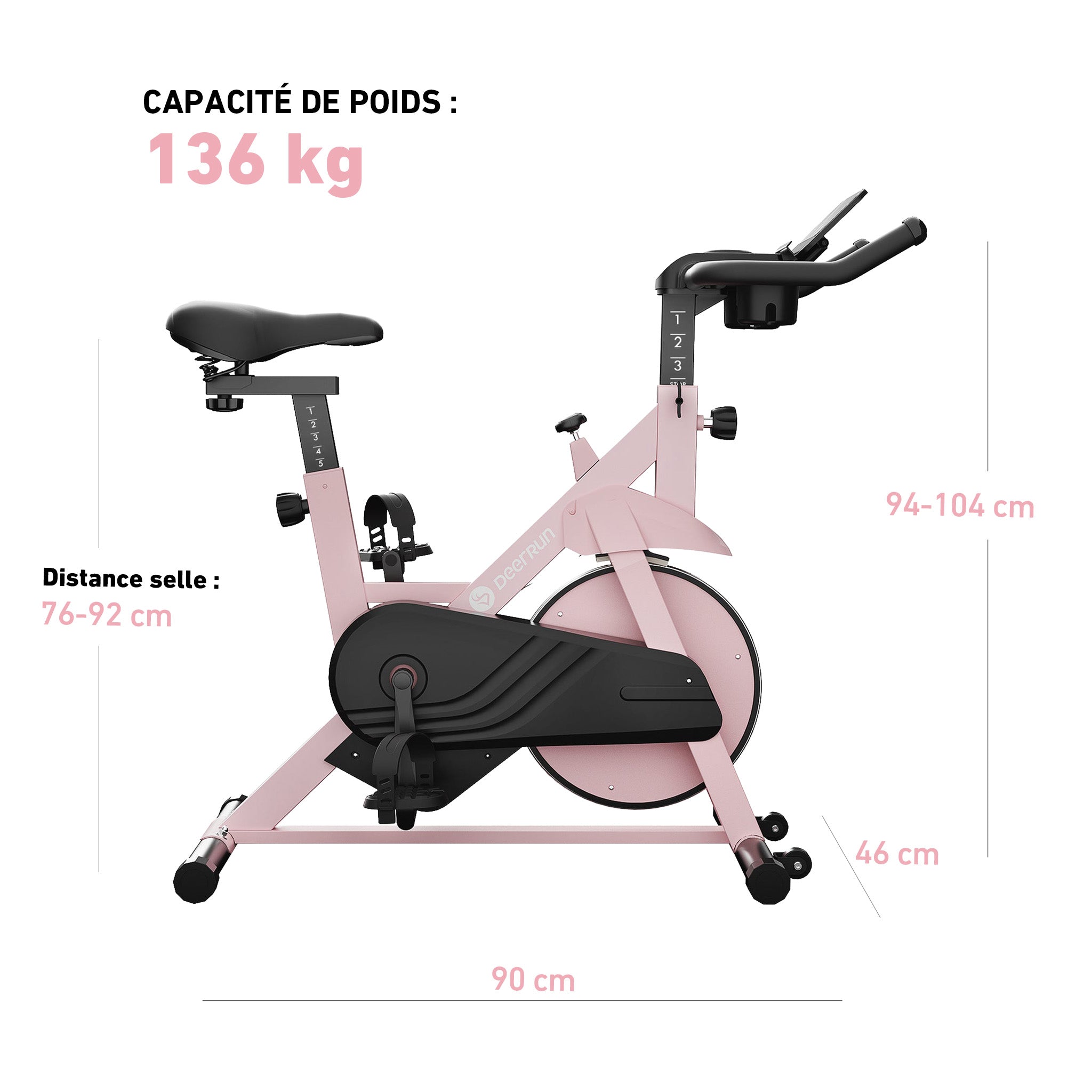 DeerRun S500 Vélo d'intérieur intelligent Rose avec résistance magnétique réglable, ceinture silencieuse et application PitPat