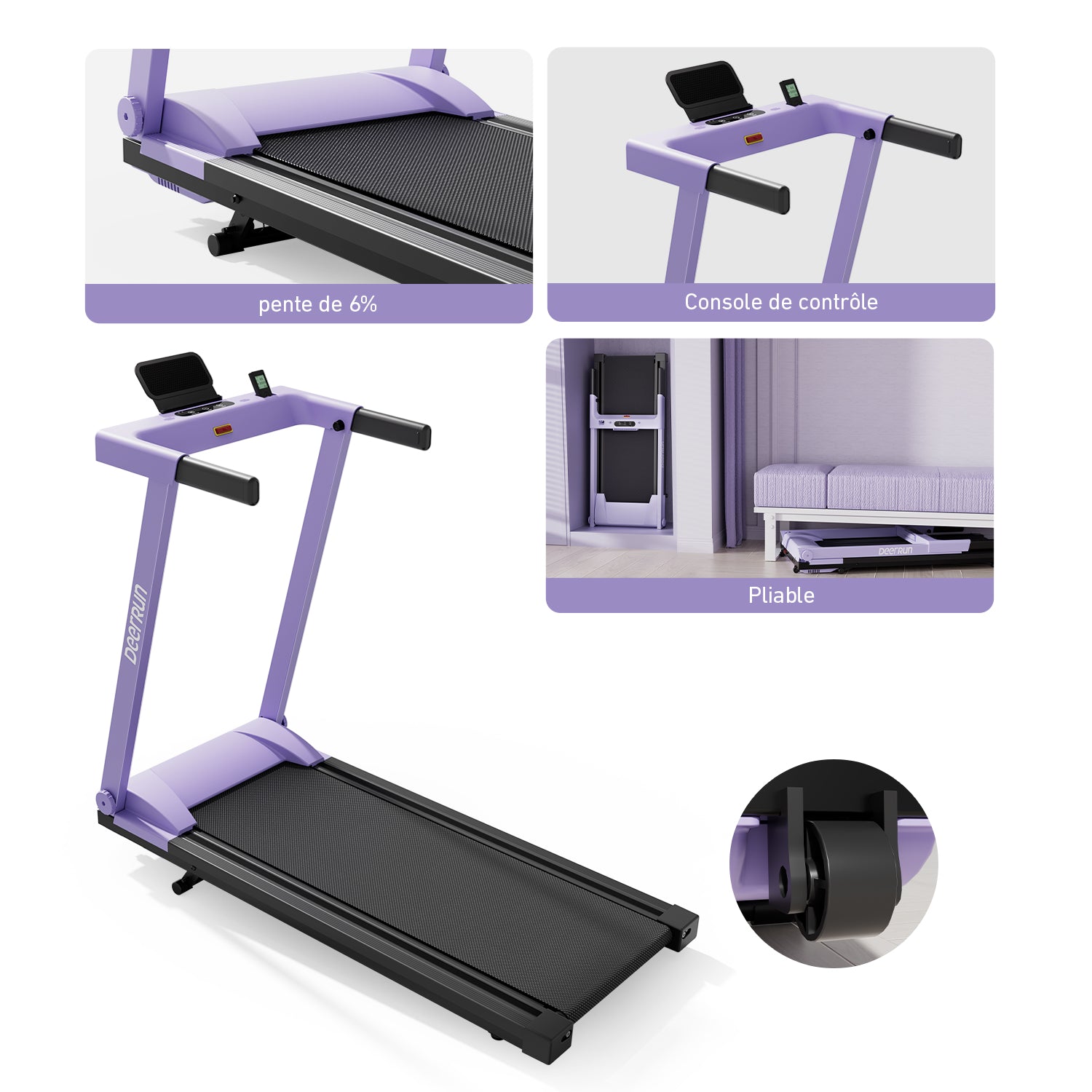 DeerRun A1 Urban-Tapis de course pliable intelligent avec inclinaison de 6 % et NFC | 150 kg, 16 km/h,Violet