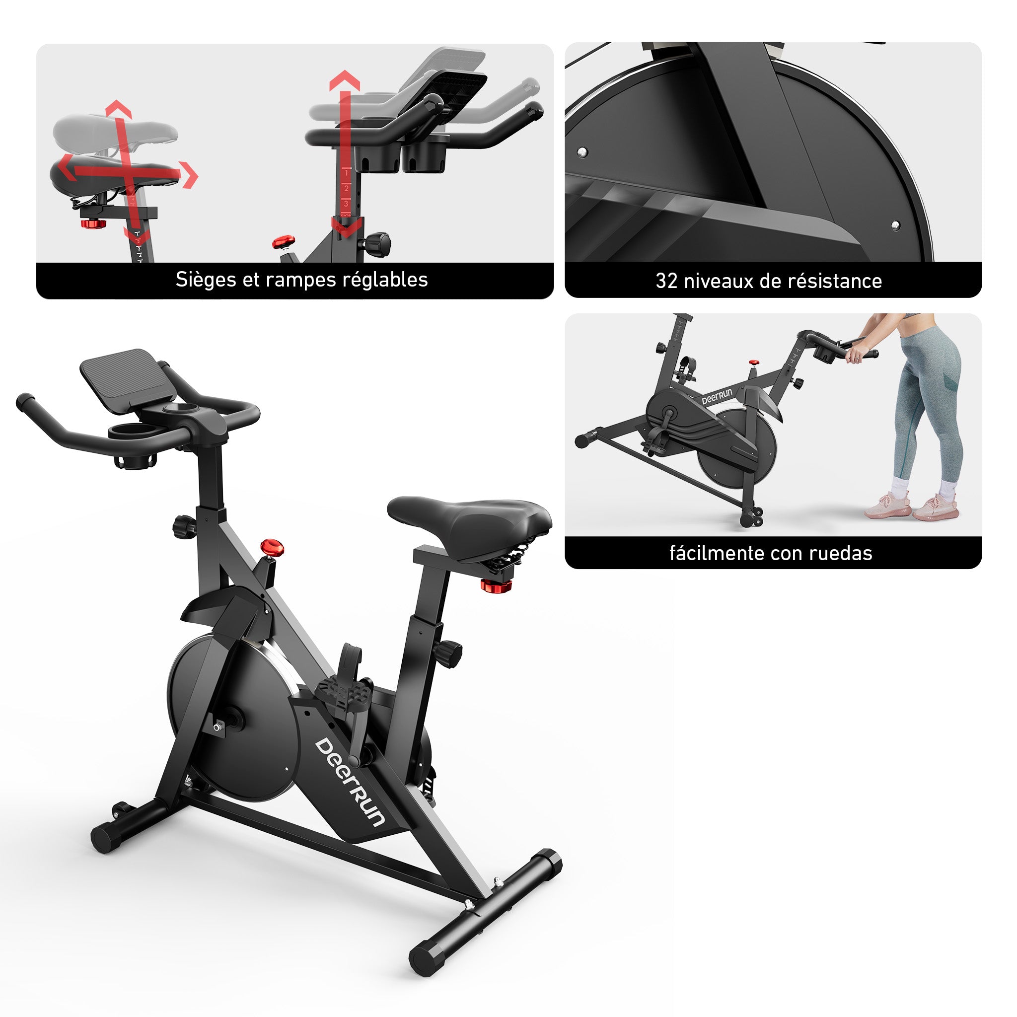 DeerRun S500 Vélo d'intérieur intelligent noir avec résistance magnétique réglable et ceinture silencieuse et application PitPat