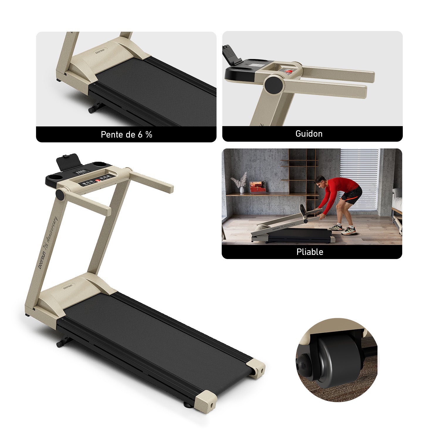 DeerRun A1 Pro Move+ – Tapis de course pliable avec inclinaison de 6% | Puce de mise à niveau 2025 et NFC | Capacité 158 kg, Vitesse 16km/h