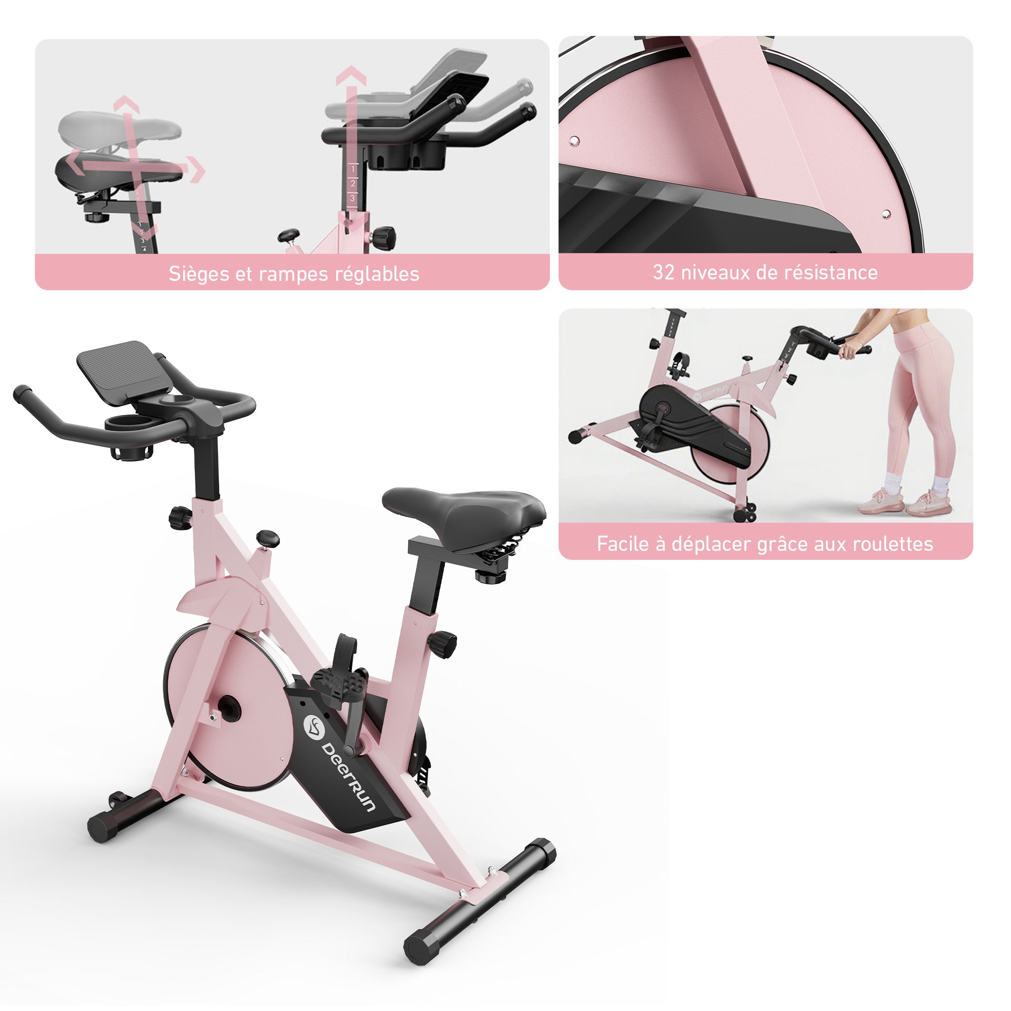 DeerRun S500 Vélo d'intérieur intelligent Rose avec résistance magnétique réglable, ceinture silencieuse et application PitPat
