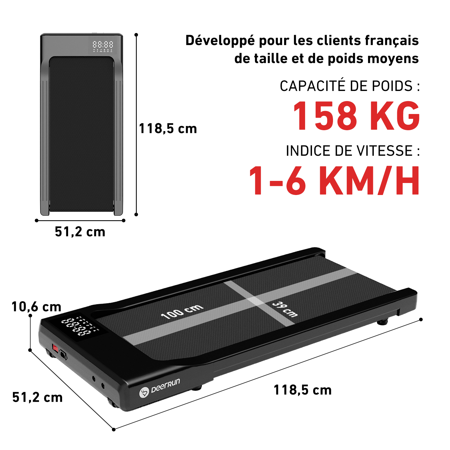 DeerRun Q1 Classic Plus – Tapis de course intelligent avec une plus grande surface de course, une capacité de charge de 158 kg et une télécommande